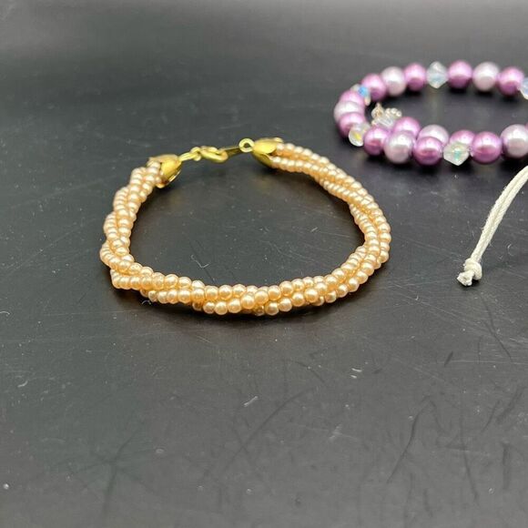 Beaded Bracelet Lot of 3 Purple Cream  And Gold Tone Classic Beads Beach Boho - Picture 3 of 6